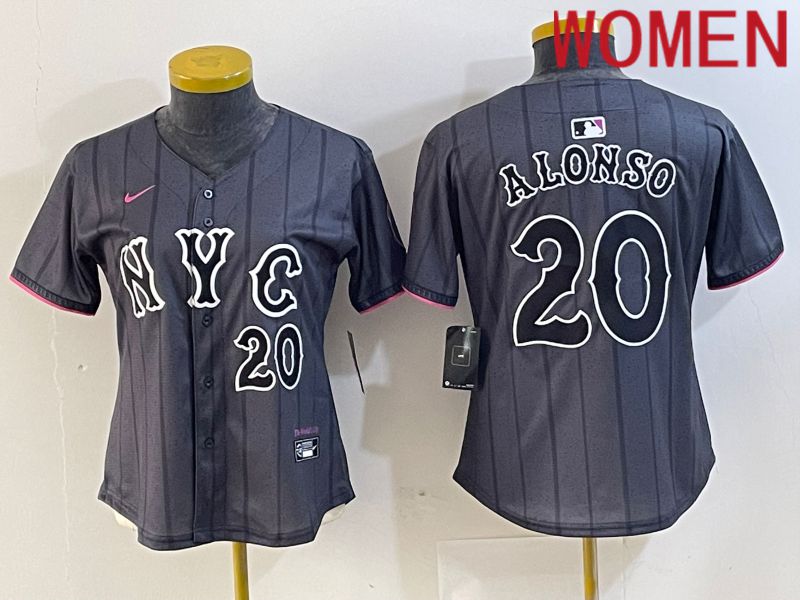 Women New York Mets #20 Alonso Black City Edition 2024 Nike MLB Jersey style 5->women mlb jersey->Women Jersey